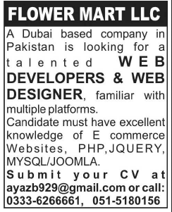 Web Developers & Web Designer Jobs in Islamabad 2014 September at Flower Mart LLC