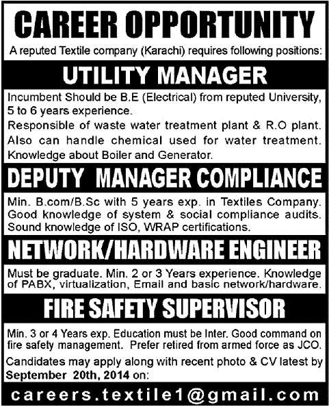 Electrical / Network Engineer, Safety Supervisor & Manager Compliance Jobs in Karachi 2014 September
