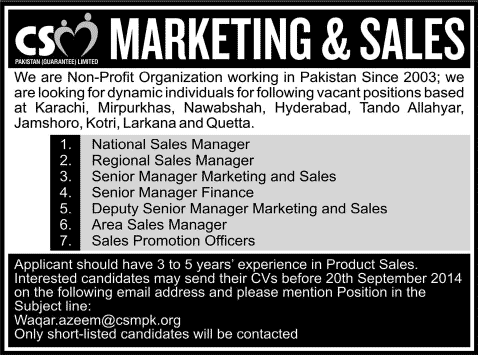 Sales and Marketing Jobs in Sindh / Quetta 2014 September at CSM Pakistan (Guarantee) Limited