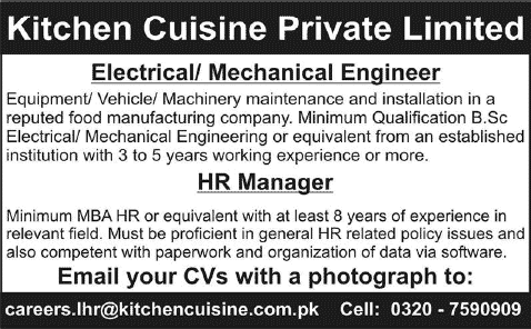 Electrical / Mechanical Engineer & HR Manager Jobs in Lahore 2014 September at Kitchen Cuisine