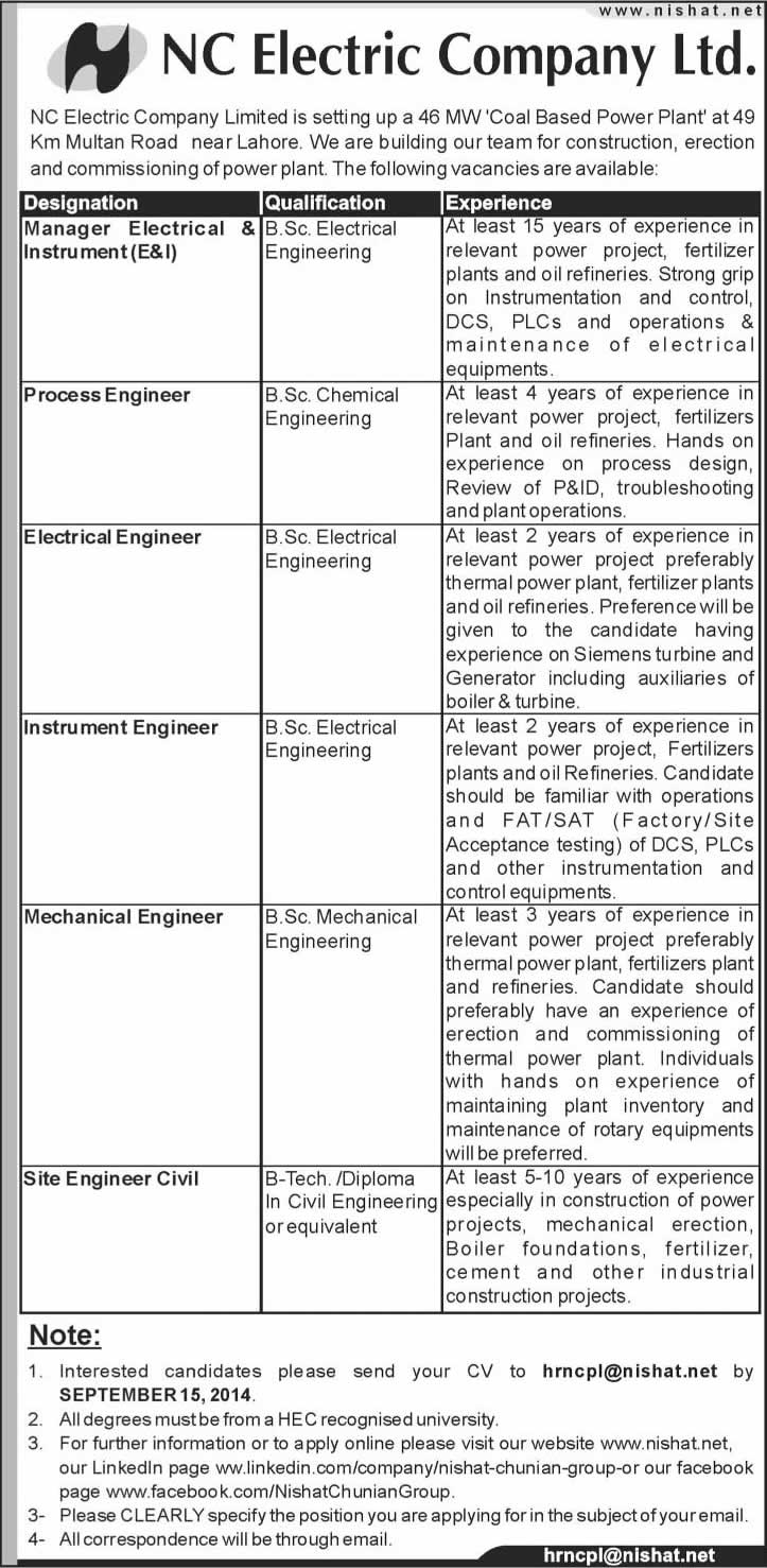 NC Electric Company Lahore Jobs 2014 September for Electrical / Mechanical / Civil / Chemical Engineers