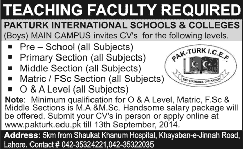 Pakturk School Lahore Jobs 2014 September for Teaching Faculty