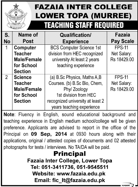 Science / Computer Teaching Jobs in Murree 2014 September Fazaia Inter College Lower Topa