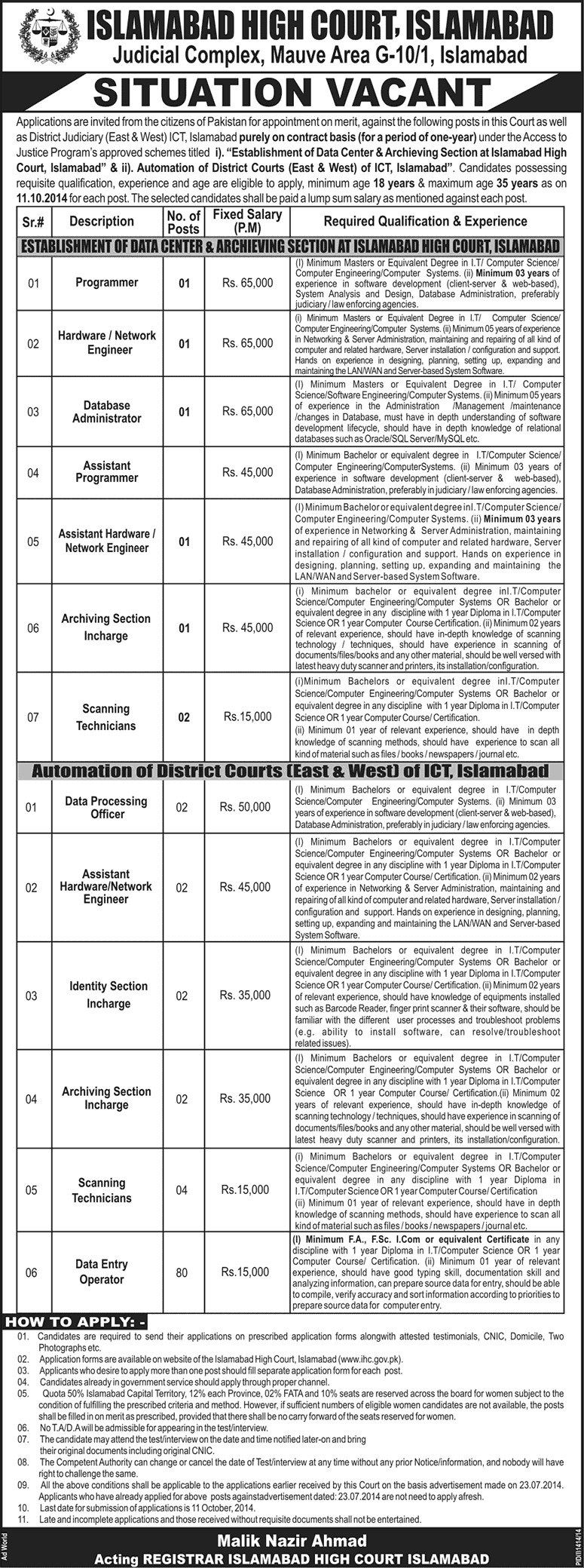 Islamabad High Court Jobs 2014 September Data Entry Operators & Others Latest