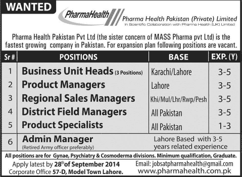 Pharma Health Pakistan Pvt. Ltd Jobs 2014 September / October Latest