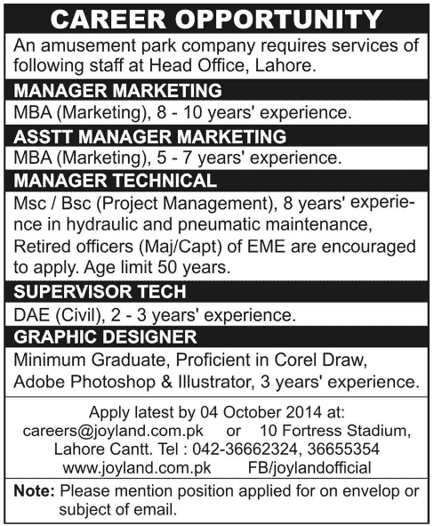 Joyland Lahore Jobs 2014 September / October for Graphics Designer, Marketing & Technical Staff