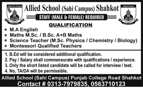 Allied School Sahi Campus Shahkot Jobs 2014 September / October for Teaching Staff