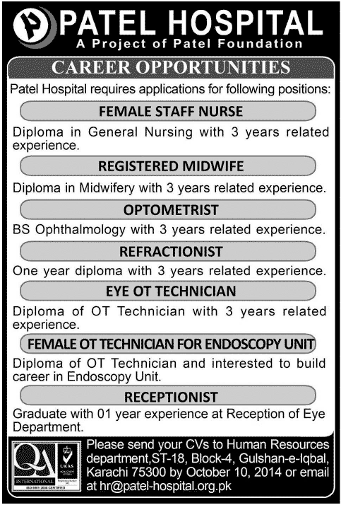 Patel Hospital Karachi Jobs 2014 September / October for Nurse, Midwife & Medical Technicians