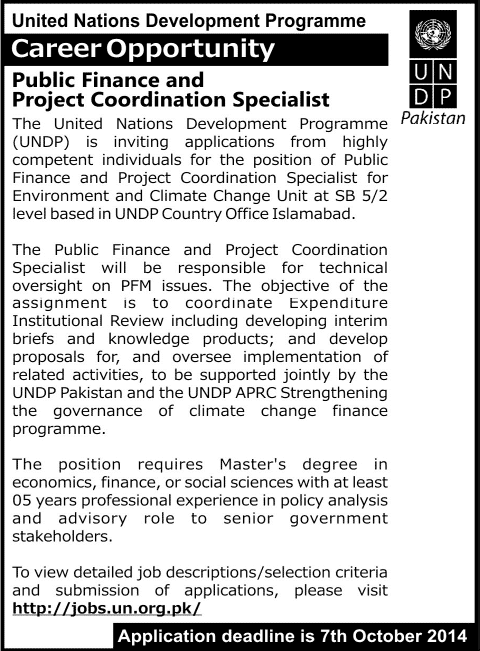 Public Finance and Project Coordination Specialist Jobs at UNDP Pakistan Islamabad 2014 October