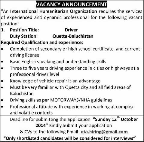 Driver Jobs in Quetta 2014 October in an International Humanitarian Organization