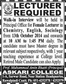 Askari College Rawalpindi Jobs 2014 October Latest for Female Lecturer in English, Chemistry & Sociology