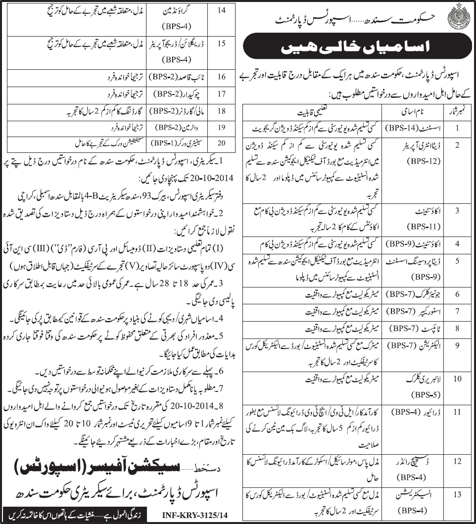 Sports Department Sindh Jobs 2014 October Advertisement Jang / Dawn Newspapers