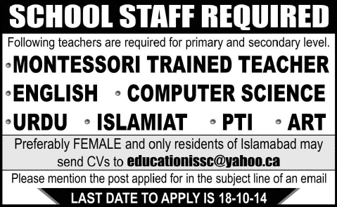 Teaching Jobs in Islamabad October 2014 Latest for Females / Males at School