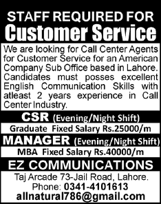 Call Center Jobs in Lahore October 2014 CSR & Manager in Evening / Night Shifts Latest at EZ Communications