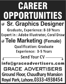 Graphic Designing & Telemarketing Jobs in Lahore 2014 October Pakistan Latest at Grace Advertisers