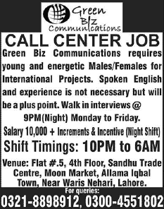 Call Center Jobs in Lahore October 2014 Pakistan Males/Females for Night Shift at Green Biz Communications