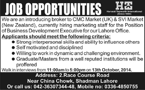 Business Development Executive Jobs in Lahore 2014 October Marketing Staff at Harvest Topworth International