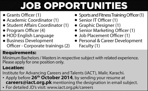 Institute for Advancing Careers and Talents (iACT) Malir Karachi Jobs 2014 October Latest Advertisement