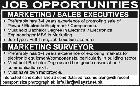 Marketing / Sales Executives & Marketing Surveyor Jobs in Lahore & Karachi 2014 October Latest