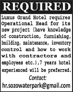 Hotel Operations Manager Jobs in Lahore 2014 October Latest Operational Head at Luxus Grand Hotel