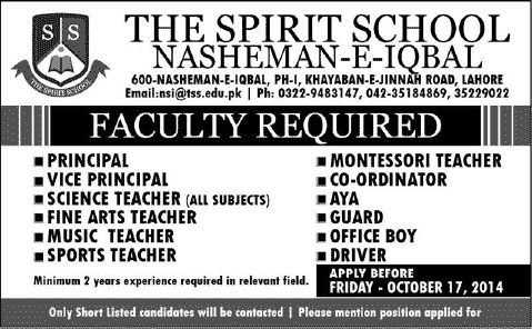 The Spirit School Lahore Jobs 2014 October Teachers, Vice / Principal & Non-Teaching Staff