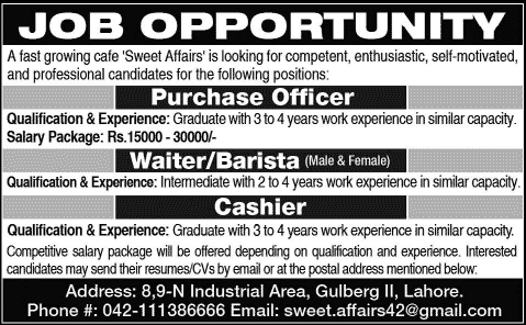 Cashier, Purchase Officer & Waiter Jobs in Lahore 2014 October Latest at Sweet Affairs