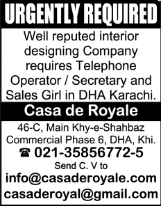 Secretary / Telephone Operator & Sales Girl Jobs in Karachi 2014 October Casa De Royale