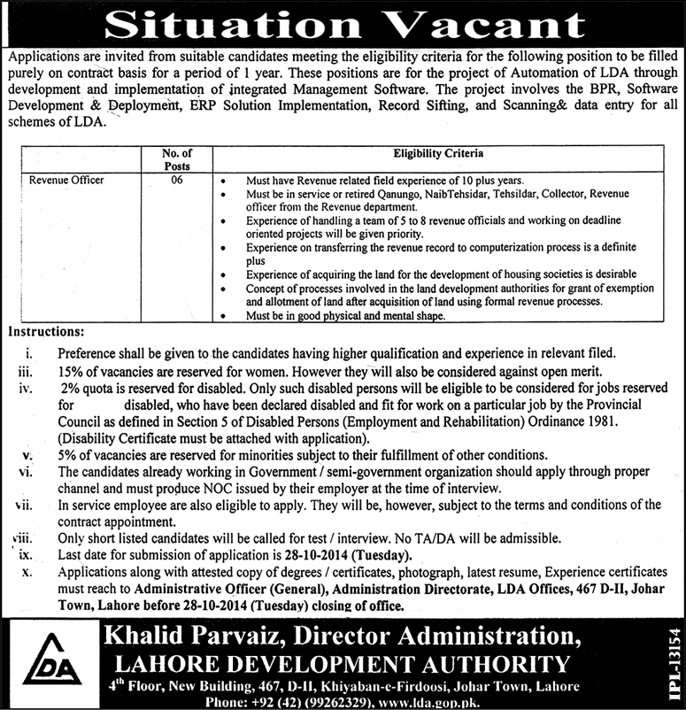 Revenue Officer Jobs in Lahore Development Authority 2014 October Pakistan Latest Jang Advertisement