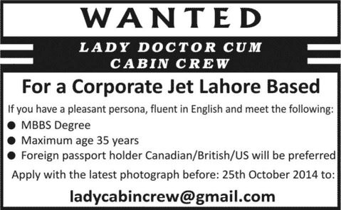 Lady Doctor cum Cabin Crew Jobs in Lahore 2014 October for a Corporate Jet