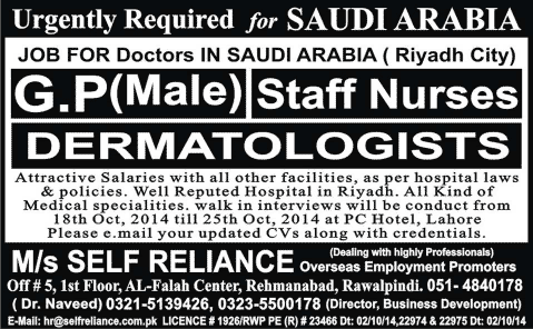 Doctors & Nurse Jobs in Saudi Arabia 2014 October through Self Reliance Overseas Employment Promoters
