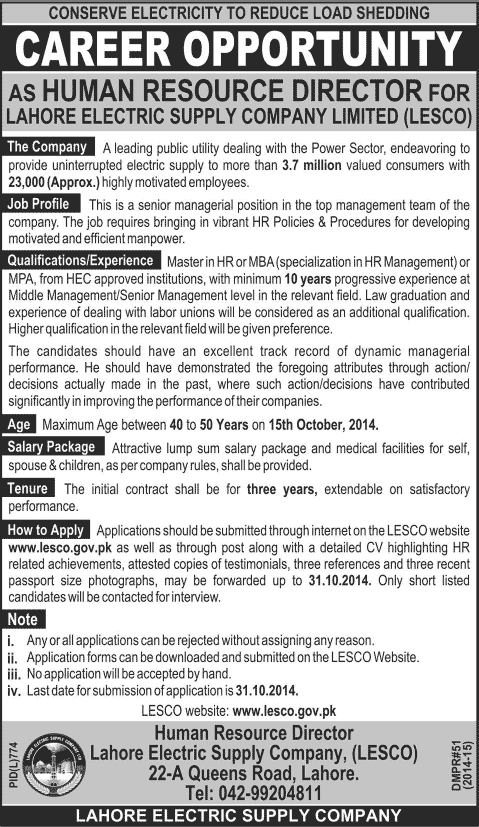 Human Resource Director Job in LESCO 2014 October Lahore Electric Supply Company Limited