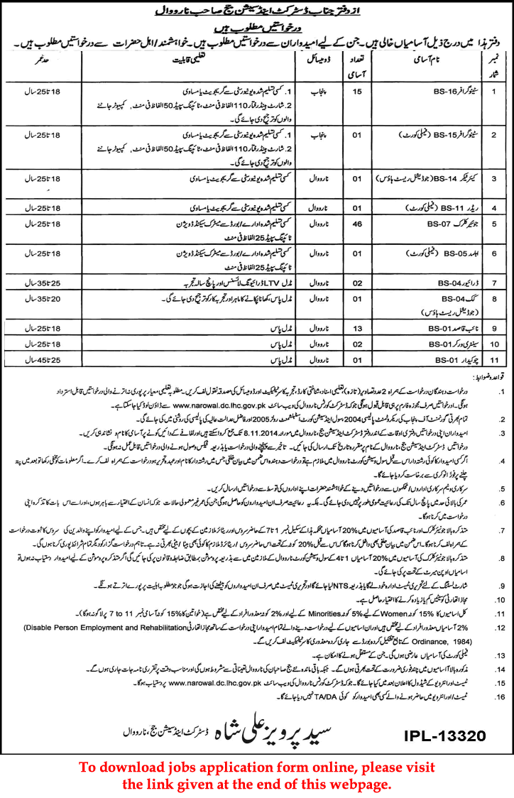 District and Session Court Narowal Jobs 2014 October Application Form Download