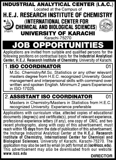 Industrial Analytical Center Karachi Jobs 2014 October HEJ Research Institute of Chemistry