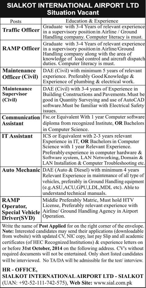 Sialkot International Airport Jobs 2014 October Latest Advertisement