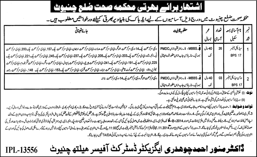 Health Department Chiniot Jobs 2014 October / November for Medical Officers
