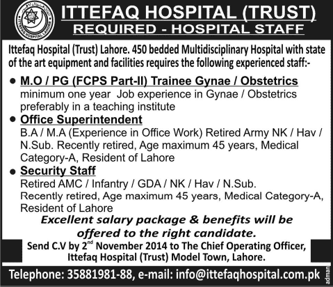 Ittefaq Hospital Lahore Jobs 2014 October / November for Trainee Medical Officer & Admin Staff
