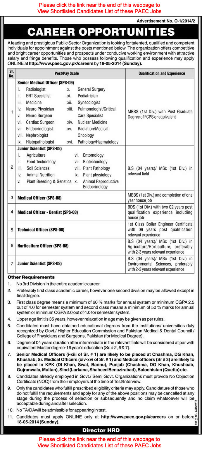 Pakistan Atomic Energy Commission Jobs 2014 Shortlisted Candidates / Applicants List for Written Test of May 2014 Vacancies