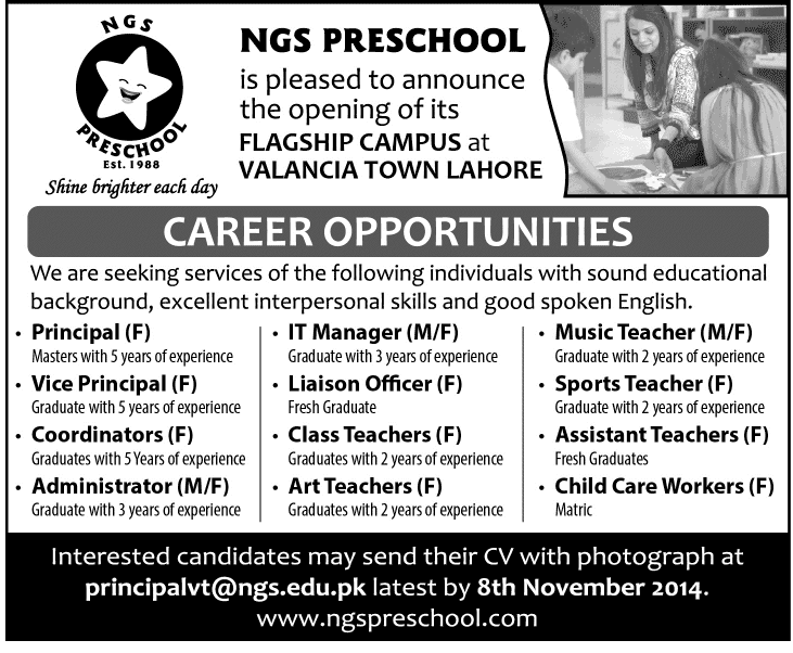 NGS Preschool Lahore Jobs 2014 October / November Teaching & Admin Staff