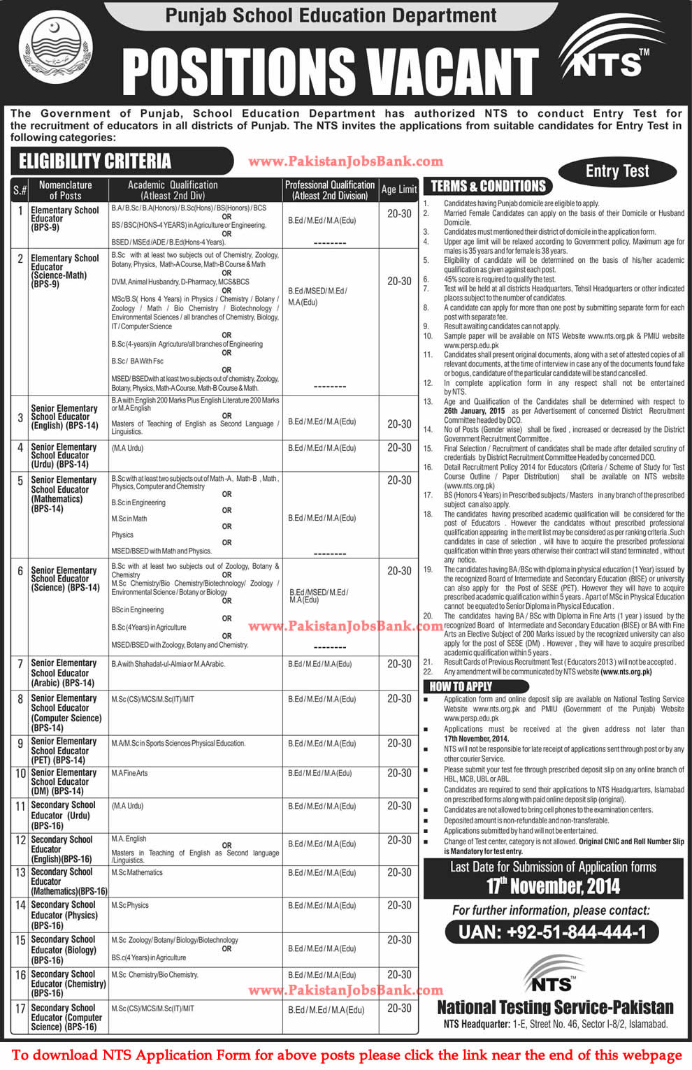 Punjab School Education Department Jobs 2014 November NTS Application Form Download