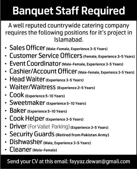Hotel / Banquet Staff Jobs in Islamabad 2014 November Catering Company