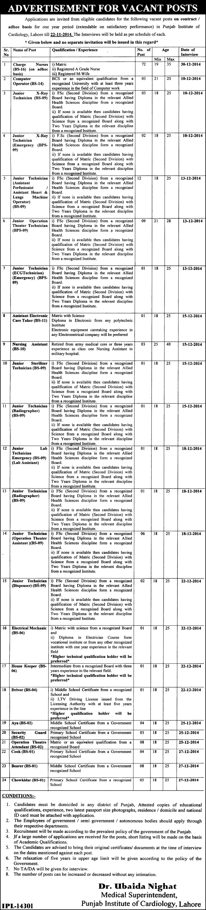 Punjab Institute of Cardiology Lahore Jobs 2014 November Interview Schedule Latest