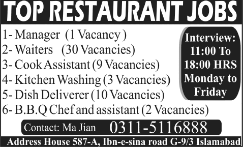 Restaurant / Hotel Jobs in Islamabad 2014 November Manager, Waiters, Cooks & Kitchen Staff