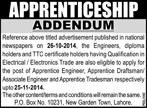 Corrigendum: PO Box 10231 Lahore Apprenticeships 2014 November Public Sector Organization