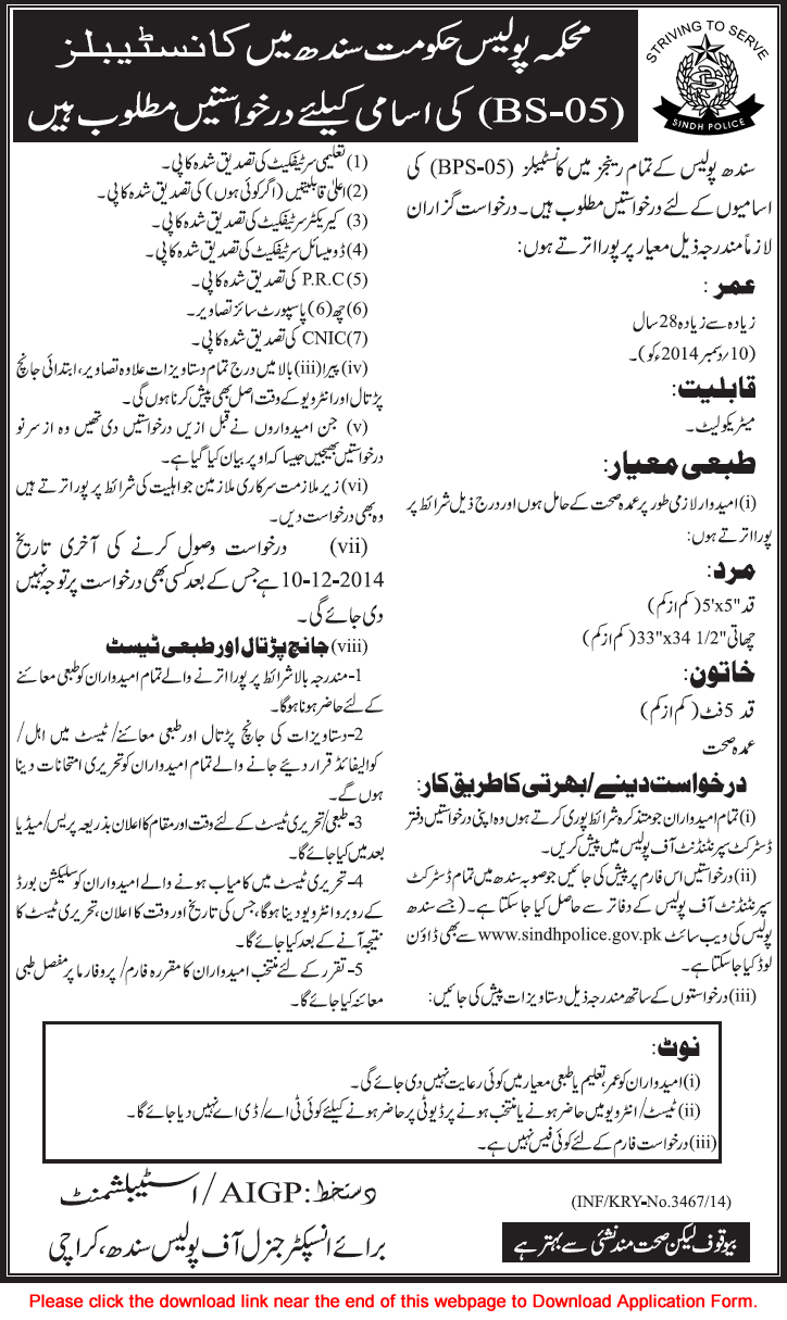 Sindh Police Constable Jobs 2014 Application Form Download Latest / New