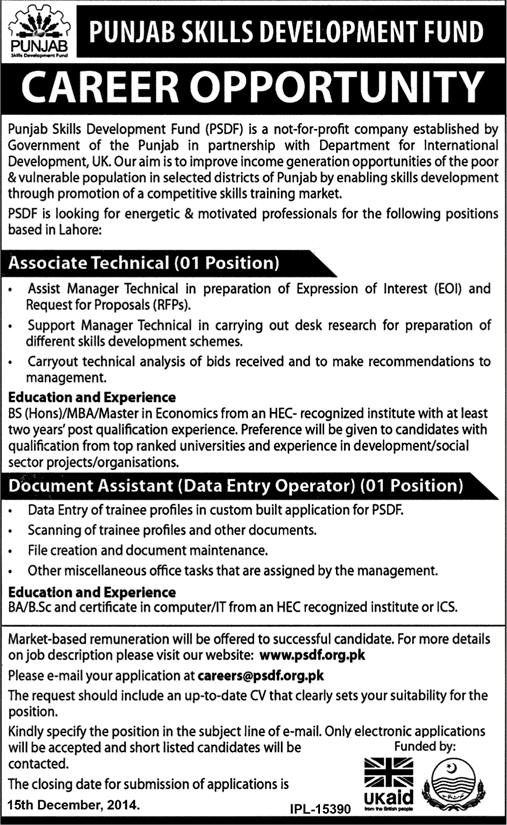 Punjab Skills Development Fund Lahore Jobs 2014 December / November PSDF Data Entry Operator & Associate Technical