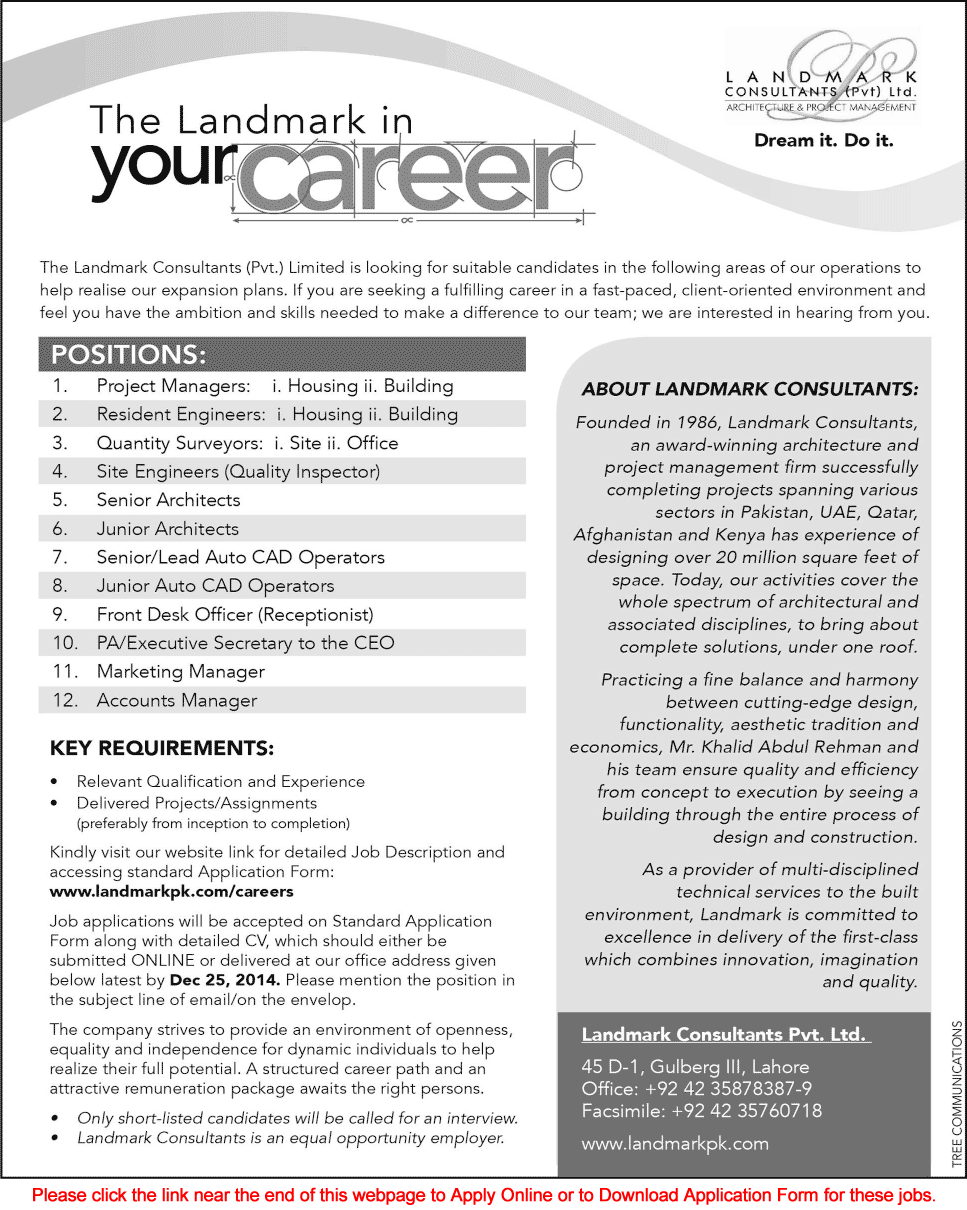 Landmark Consultants (Pvt.) Ltd Lahore Jobs 2014 December Application Form Download