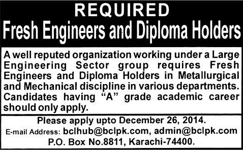 Bolan Casting Limited Jobs 2014 December in Karachi / Hub Fresh Metallurgical / Mechanical Engineering