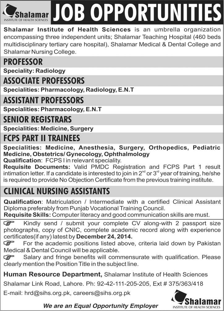 Shalamar Institute of Health Sciences Lahore Jobs 2014 December Medical Faculty, FCPS Trainees & Nursing Assistants