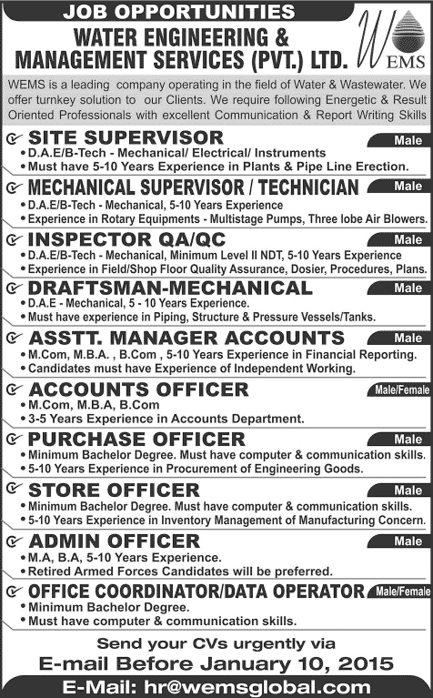 Jobs in Water Engineering & Management Services (Pvt.) Ltd. Lahore December 2014 Latest WEMS