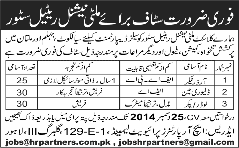 Order Taker, Delivery Man & Loader Jobs in Sialkot / Multan / Jhelum 2014 December Latest